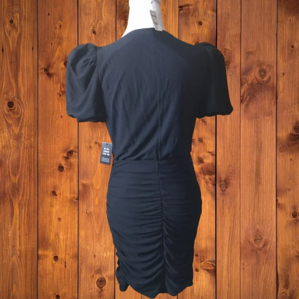 Express Women's Small Black Short Puff Sleeve Faux Wrap Ruched Dress New LBD - Picture 6 of 6